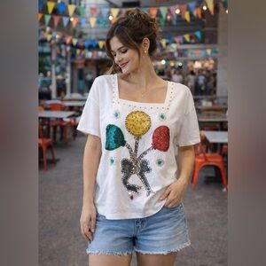 Vintage Sunbelt White Balloon Beaded Sequin Tee Top L Square Neck
